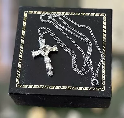 Vintage Sterling Silver Rhinestone Stanhope Cross Pendant Necklace Lord's Prayer • $135