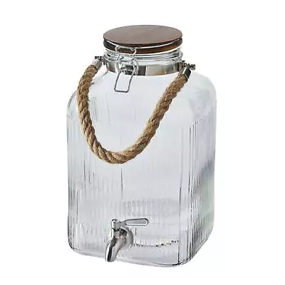 BH&G 2 Gallon Ribbed  Clear Glass Beverage Dispenser With Acacia Wooden Lid • $19.94