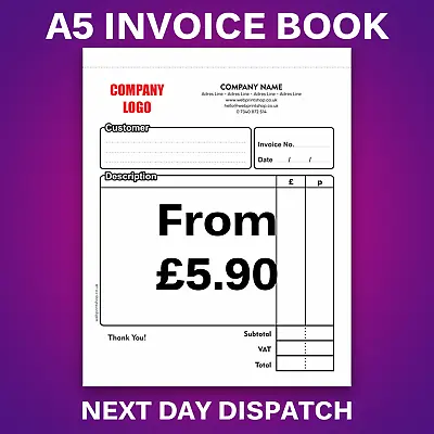 Personalised Duplicate A5 Invoice Book - 50 Set - Ncr Pad Print - Invoice Print • £9.50