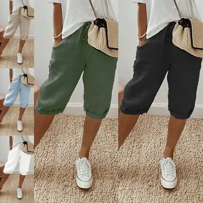 Women Bermuda Shorts Solid Color Knee Length Short Pants Ladies Loose Drawstring • £8.99