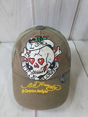 ED HARDY LOVE KILLS SLOWLY Adult Trucker Hat Tan EMBROIDERED SKULL RHINESTONES • $37.99
