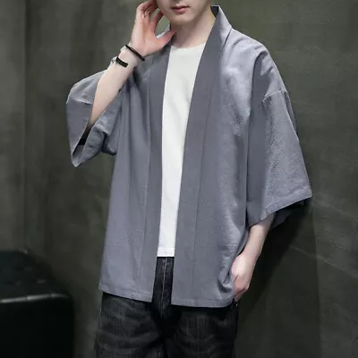 Men Open Front Japanese Kimono Jacket Yukata Cotton Linen Cardigan Coat Loose • £22.79