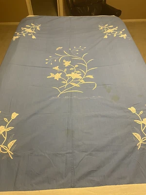 $20 • Buy Flower Hand Embroidered Tablecloth, With Appliqué’ Blue Cotton With White Border