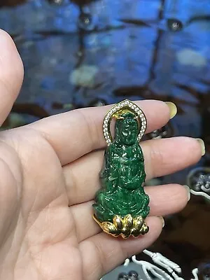 Quan Yin Guanyin Old Jade. 18k Real Gold. Cẩm Thạch Sơn Thuỷ Cổ 100% Natural • $590