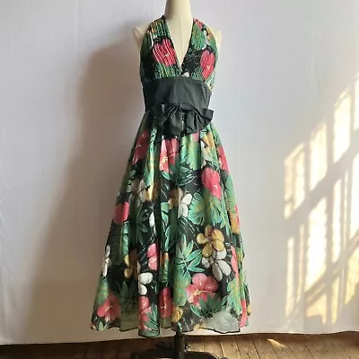 Vintage 1980s Opening Night Fit & Flare Floral Halter Dress • $59.99