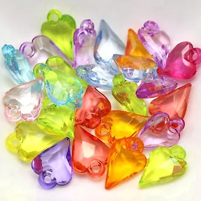 200 Mixed Color Transparent Acrylic Faceted Heart Pendants 15X10mm Drop Charm • £2.78