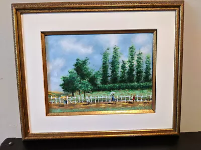 Max Karp Signed Enamel On Copper Landscape With Figures By A Fence 18  X 15  • $4799.99