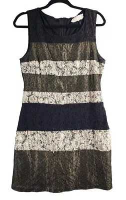 A’reve Dress Size L Maxi Floral Lace Lined Sleeveless  Black Gold Womens Short • $25