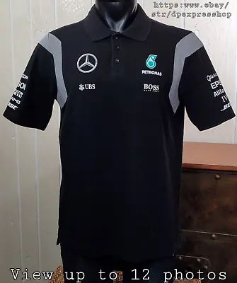 AMG Petronas Mercedes Formula One Team Branded London Black Polo Shirt Mens Sz L • $54.99