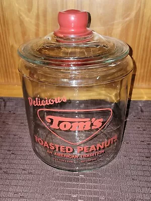 Vintage Tom’s Toasted Peanuts Glass Jar Counter Display Red Lettering With Lid • $75