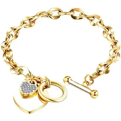 18CT Gold Toggle T Bar Double Heart Bracelet Rolo  With Crystal 18.5cmx4mm NH692 • £22.99
