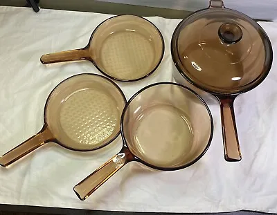 5 Piece Pyrex Corning Ware Visions Amber Cookware 2.5 W/ Lid 1.5L And 2 Skillets • $75