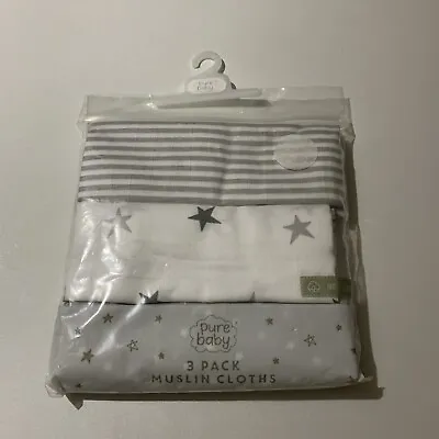 New Pure Baby 3 Pack Grey Neutral 100% Cotton Muslin Squares • $10.10