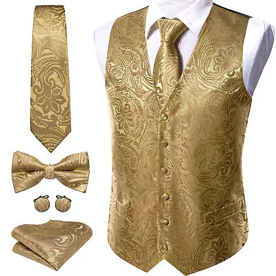 Barry Wang S-4XL Silk Gold Floral Mens Waistcoat Vest Bowtie Necktie Set Vest • $27.99