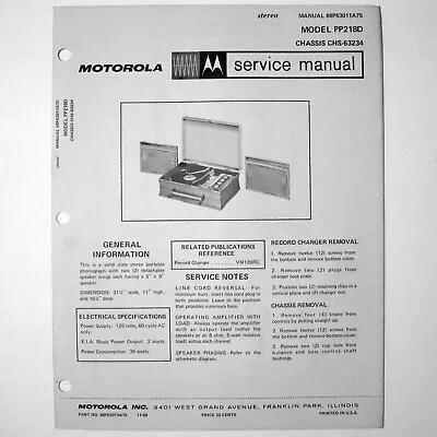 Motorola ® Model PP218D Portable Record Player Changer Service Manual © 1968 • $4.70