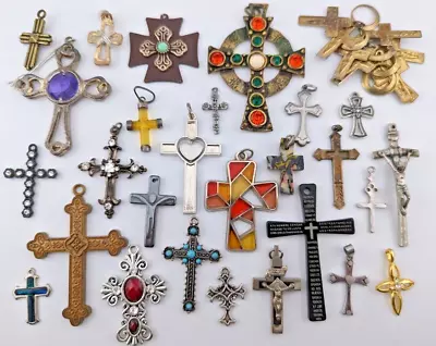 28pc CROSS PENDANT LOT Crucifix Christian Medallion Charms Vintage-now B1 • $28