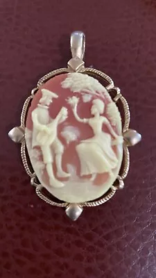 Vintage Carved Shell Cameo Scene Man With The Guitar And Woman Pendant Over 2” • $133