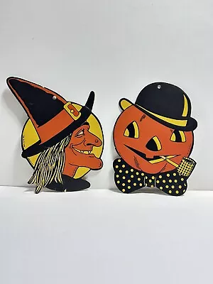 Vintage Original Luhrs WITCH & PUMPKIN Halloween Decoration 1950s Embossed Face • $21.99