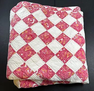 Antique Vintage Hand Stitched Quilt Pink Orange Blocks 93  X 71  • $84.95