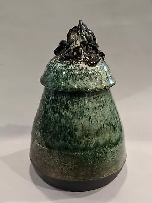 Beautiful Raku Mushroom Art Pottery Vessel W/Lid Artist Signed • $39.99