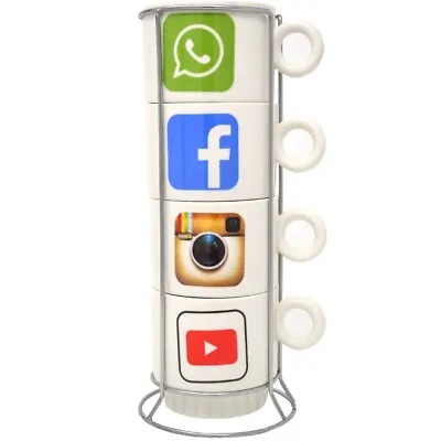 Pack Of 4 Social Media Mugs With Holder Stand Tea Coffee Drinking Hot Drinks New • £3.99