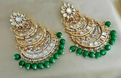 Bollywood Style Gold Plated Kundan Chandbali Long Dangle Earrings Jewelry Set  • $19