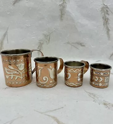 4 Vintage Copper Silver Plate Measuring Cups Floral Mid Century Modern Rare • $45.95