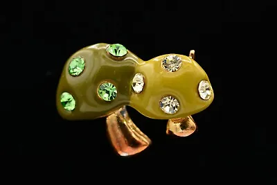 Vintage Mushroom Pin Brooch Green Enamel Rhinestone Crystal Tiny Small BinAJ • $11.16