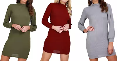 £9.99 • Buy Womens Light Ribbed Polo Roll Neck Long Sleeve Bodycon Mini Dress Tunic Top Uk