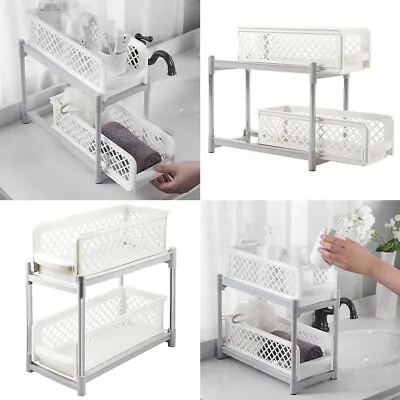 2 Tier Pull Out Sliding Basket Under Sink Kitchen Cabinet Baskets Storage Drawer • £7.95