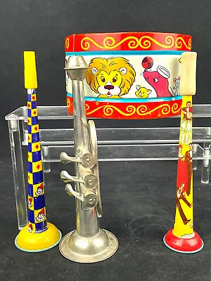 Vintage Tin Litho Toy Instruments J Chein Circus Animals Drum (3) Horns • $44.99