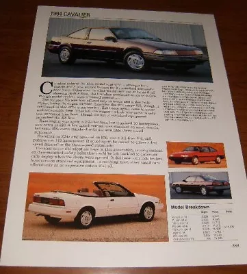 ★★1994 Chevy Cavalier Spec Sheet Info Photo 94 Z24 Rs Vl Convertible Coupe★★ • $6.29