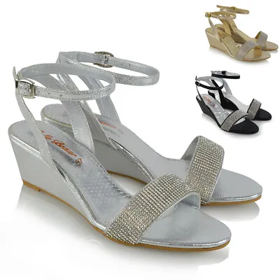 £29.99 • Buy Womens Ankle Strap Wedge Heel Sandals Ladies Diamante Holiday Casual Shoes Size