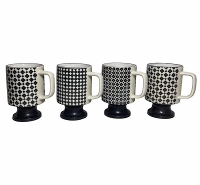 Mid Century Modern Vintage Ceramic Pedestal Coffee Mugs Black And White Set Of 4 • $45