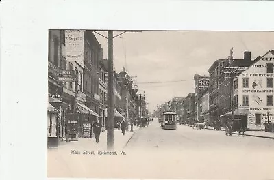 Richmond VA   MAIN STREET   Many Store Signs   Trolley Car    Horse Drawn Wagons • $5