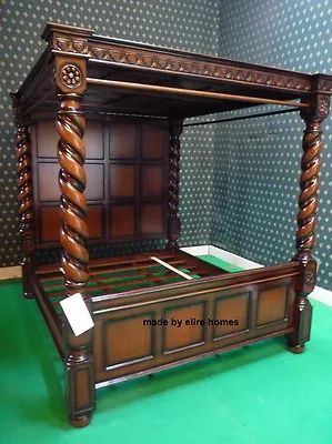 Super King Size 6' Mahogany Finish Four Poster Canopy Tudor Style Mansion Bed  • $6313.49