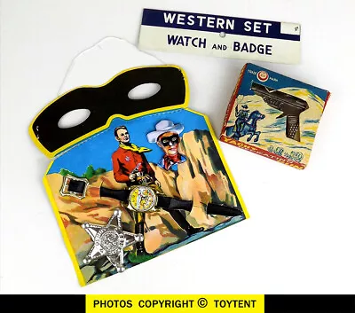 $49 • Buy Lone Ranger Mask Western Cowboy Set + Toy Watch, Badge, Dime Store Tin Gun Japan
