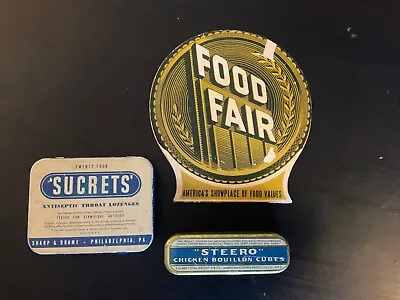 Lot Of Vintage Advertising Tins Sucrets Steero And Food Fair Needle Case  • $17.99