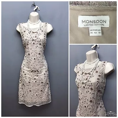 £23.33 • Buy Monsoon Beige Beaded Sleeveless Occasion Dress UK 14 EU 42 US 10 Limited Edition