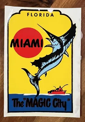 Original Vintage MIAMI Florida TRAVEL Water DECAL Beach Marlin Magic Boat Fish • $11.99