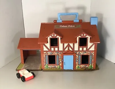 Vintage 1980 Fisher Price Play Little People Brown Tudor Doll House 952 W/ Car • $30