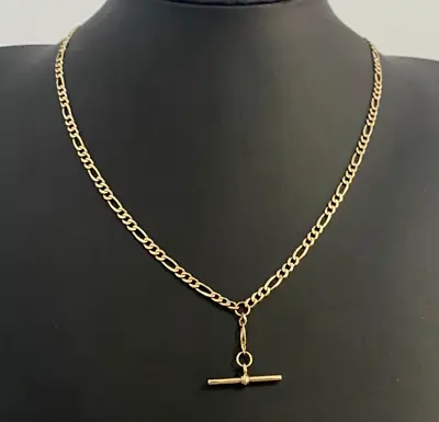 9K Solid Yellow Gold Figaro Link T-Bar Fob Chain Necklace 48cm Long • $865