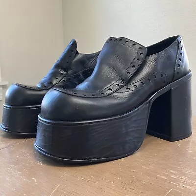 VTG SHOCK Super Chunky Platform Heels Black Leather Women’s 11 (43C) Y2K • $199.99