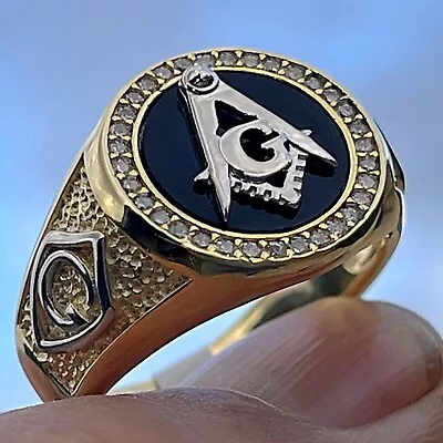 14K Gold Plated Over 925 Sterling Silver Masonic Ring Master Mason CZ Black Onyx • $46.95