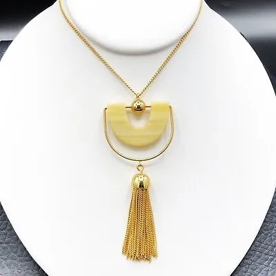 J Crew Pendant Necklace Bead & Tassel Lucite Gold Tone Fringe Long Modern Chain • $28.85