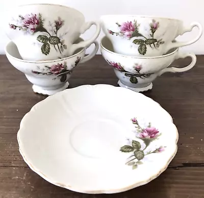 4 Vintage PINK ROSE Japan WHITE Porcelain CURVED Floral TEA CUPS + SAUCER SET VG • $5