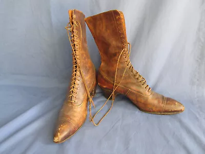 $22 • Buy Antique Victorian Edwardian Granny Boots Womens Brown Leather Lace Up Shoes