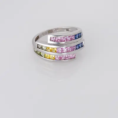 14K White Gold Multi Color Sapphire Ring Rainbow Green Yellow Pink Blue BanG • $652.55