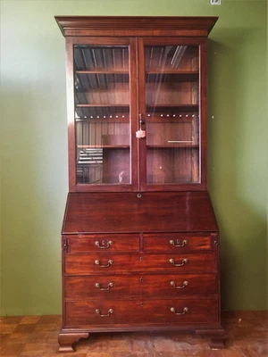$2900 • Buy Antique Georgian Mahogany Bureau Bookcase Secret Drawers, Tooled Leather C 1780