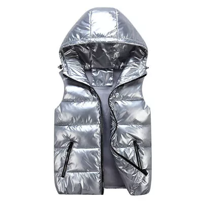 Mens Puffer Quilted Hooded Waistcoat Metallic Shiny Gilet Bubble Jacket Coat • $29.73